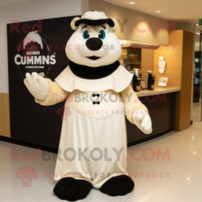 Cream Guinness mascot costume character dressed with a Maxi Dress and Mittens