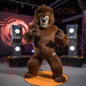 Brown Werewolf mascot costume character dressed with a Yoga Pants and Rings