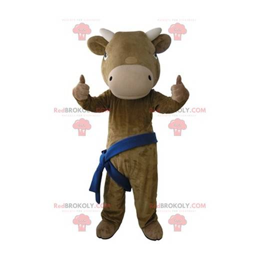 Mascotte della mucca marrone e beige gigante e molto realistica