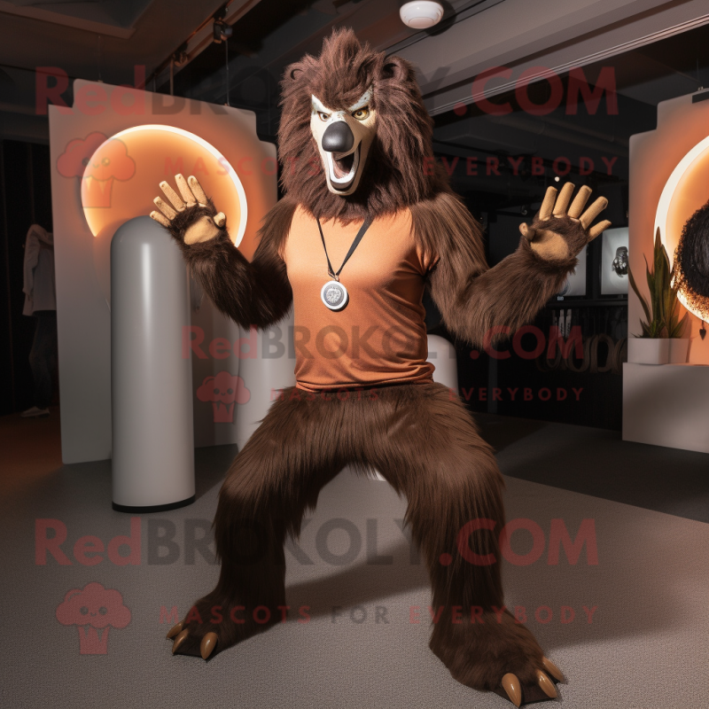 Brown Werewolf mascot costume character dressed with a Yoga Pants and Rings Brown Werewolf mascot costume character dressed with a Yoga Pants and Rings