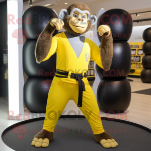 Yellow Baboon mascot costume character dressed with a Yoga Pants and Belts