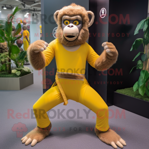 Yellow Baboon mascot costume character dressed with a Yoga Pants and Belts