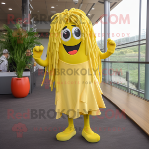 Lemon Yellow Spaghetti mascot costume character dressed with a Culottes and Keychains