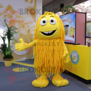 Lemon Yellow Spaghetti mascot costume character dressed with a Culottes and Keychains