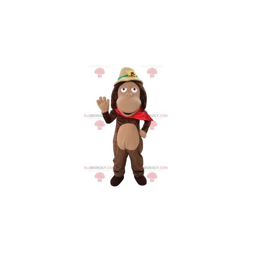 Braunes Affenmaskottchen mit einem Entdeckerhut - Redbrokoly.com