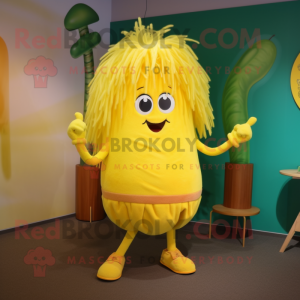 Lemon Yellow Spaghetti mascot costume character dressed with a Culottes and Keychains