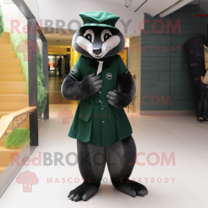 Forest Green Badger mascot costume character dressed with a Jumpsuit and Berets
