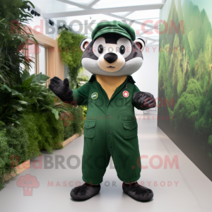 Forest Green Badger mascot costume character dressed with a Jumpsuit and Berets