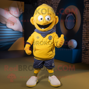 Yellow Momentum mascot costume character dressed with a Rugby Shirt and Beanies
