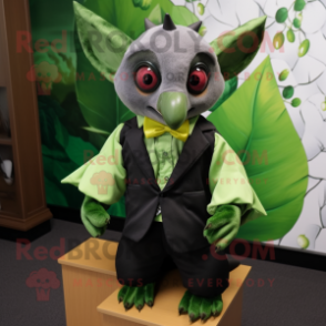 Forest Green Fruit Bat mascot costume character dressed with a Jacket and Bow ties