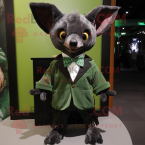 Forest Green Fruit Bat mascot costume character dressed with a Jacket and Bow ties