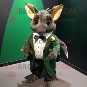 Forest Green Fruit Bat mascot costume character dressed with a Jacket and Bow ties