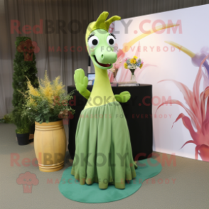 Olive Sea Horse mascot costume character dressed with a Maxi Skirt and Scarf clips