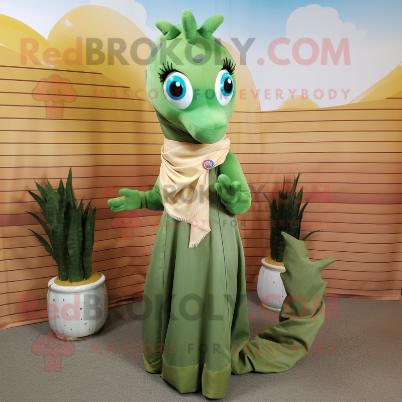 Olive Sea Horse mascot costume character dressed with a Maxi Skirt and Scarf clips Olive Sea Horse mascot costume character dressed with a Maxi Skirt and Scarf clips