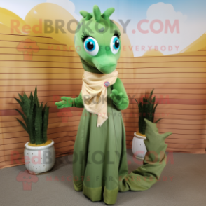 Olive Sea Horse mascot costume character dressed with a Maxi Skirt and Scarf clips