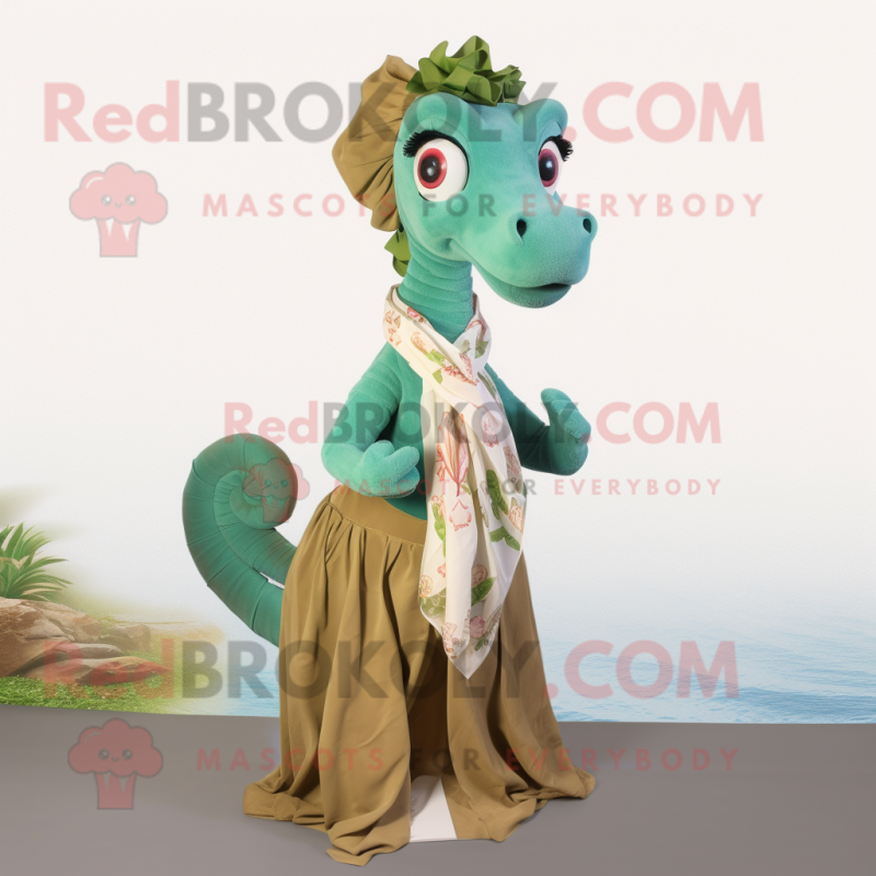 Olive Sea Horse mascot costume character dressed with a Maxi Skirt and Scarf clips