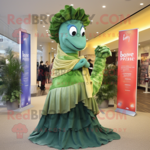 Olive Sea Horse mascot costume character dressed with a Maxi Skirt and Scarf clips