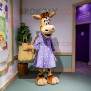 Lavender Guernsey Cow mascot costume character dressed with a Mini Dress and Tote bags