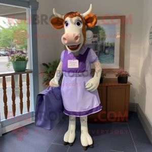 Lavender Guernsey Cow mascot costume character dressed with a Mini Dress and Tote bags
