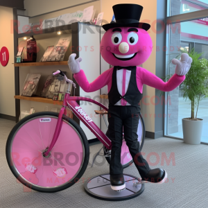 Pink Unicyclist mascot costume character dressed with a Tuxedo and Bracelet watches