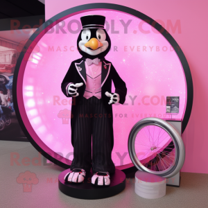 Pink Unicyclist mascot costume character dressed with a Tuxedo and Bracelet watches