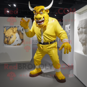 Yellow Minotaur mascot costume character dressed with a Dress Shirt and Shoe clips