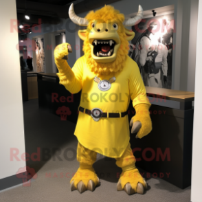 Yellow Minotaur mascot costume character dressed with a Dress Shirt and Shoe clips