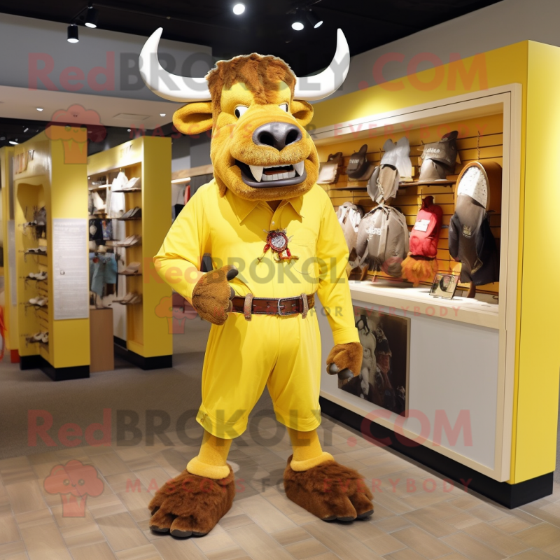 Yellow Minotaur mascot costume character dressed with a Dress Shirt and Shoe clips Yellow Minotaur mascot costume character dressed with a Dress Shirt and Shoe clips