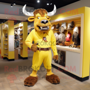 Yellow Minotaur mascot costume character dressed with a Dress Shirt and Shoe clips