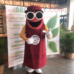Maroon Pesto Pasta mascot costume character dressed with a Wrap Dress and Sunglasses