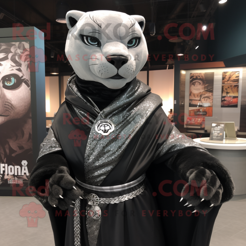 Silver Panther mascot costume character dressed with a Cover-up and Shawl pins