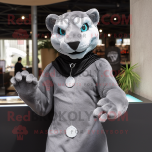 Silver Panther mascot costume character dressed with a Cover-up and Shawl pins