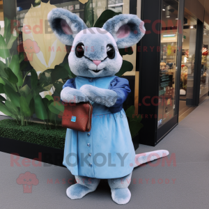 Blue Chinchilla mascot costume character dressed with a Midi Dress and Wallets