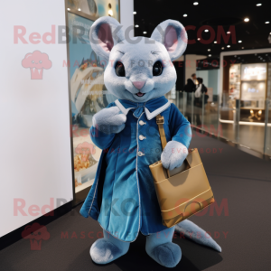 Blue Chinchilla mascot costume character dressed with a Midi Dress and Wallets
