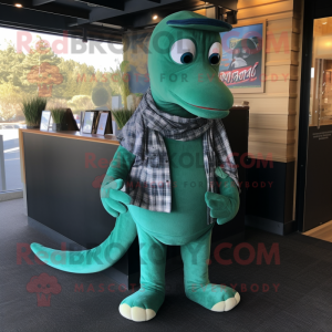 Green Loch Ness Monster mascot costume character dressed with a Bootcut Jeans and Shawls
