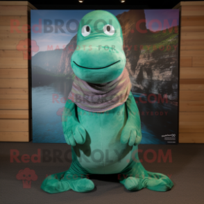 Green Loch Ness Monster mascot costume character dressed with a Bootcut Jeans and Shawls