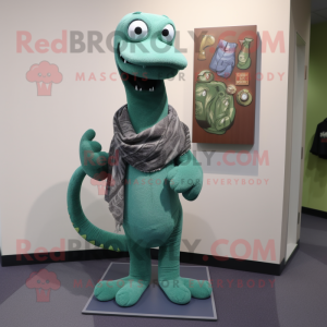 Green Loch Ness Monster mascot costume character dressed with a Bootcut Jeans and Shawls