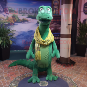 Green Loch Ness Monster mascot costume character dressed with a Bootcut Jeans and Shawls