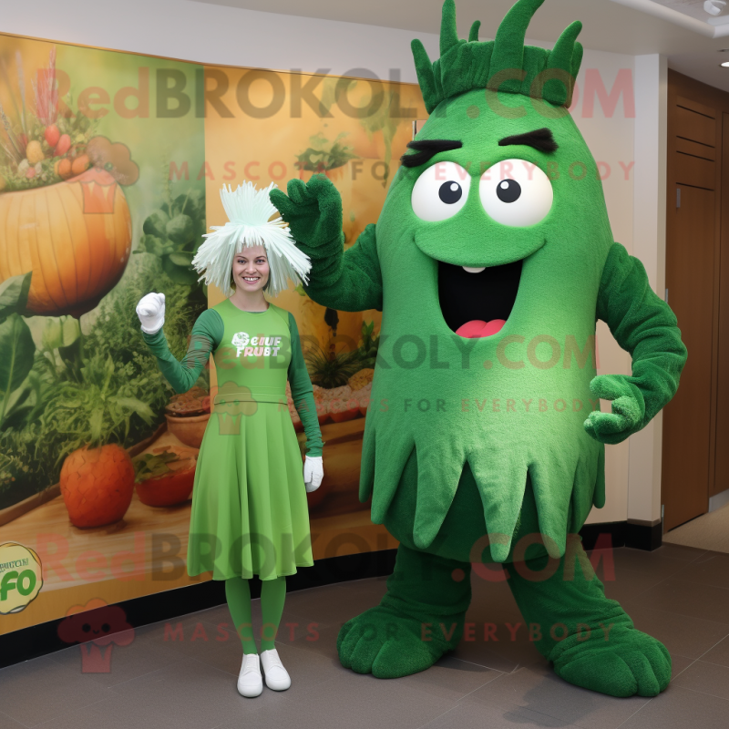 Forest Green Goulash mascot costume character dressed with a Shift Dress and Rings Forest Green Goulash mascot costume character dressed with a Shift Dress and Rings