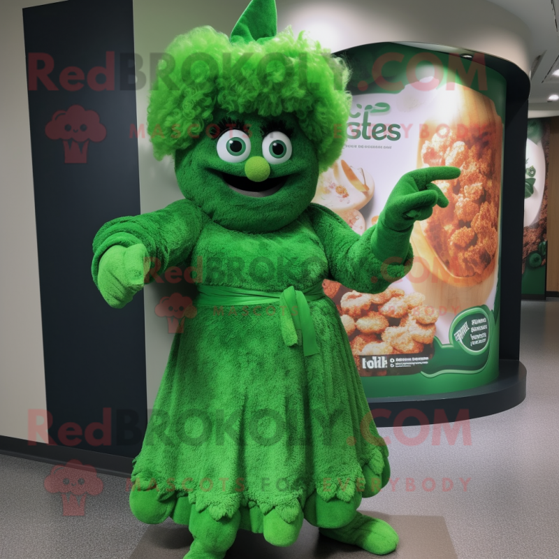 Forest Green Goulash mascot costume character dressed with a Shift Dress and Rings Forest Green Goulash mascot costume character dressed with a Shift Dress and Rings