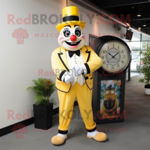 Lemon Yellow Clown mascot costume character dressed with a Tuxedo and Bracelet watches