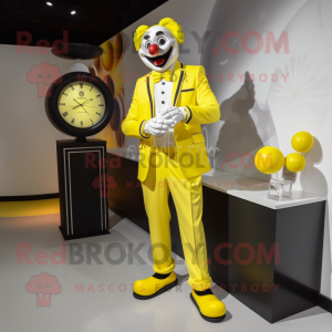 Lemon Yellow Clown mascot costume character dressed with a Tuxedo and Bracelet watches