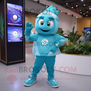 Turquoise Ice mascot costume character dressed with a Sweatshirt and Digital watches