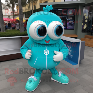 Turquoise Ice mascot costume character dressed with a Sweatshirt and Digital watches