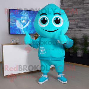 Turquoise Ice mascot costume character dressed with a Sweatshirt and Digital watches