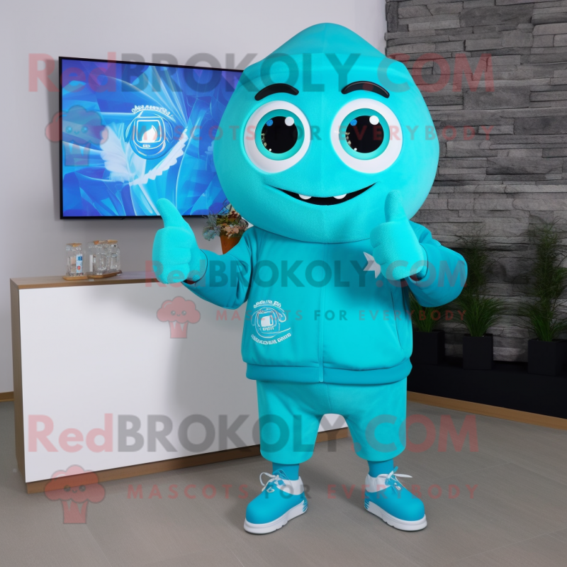 Turquoise Ice mascot costume character dressed with a Sweatshirt and Digital watches Turquoise Ice mascot costume character dressed with a Sweatshirt and Digital watches