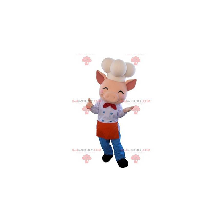 Mascotte de cochon rose en tenue de chef cuisinier -