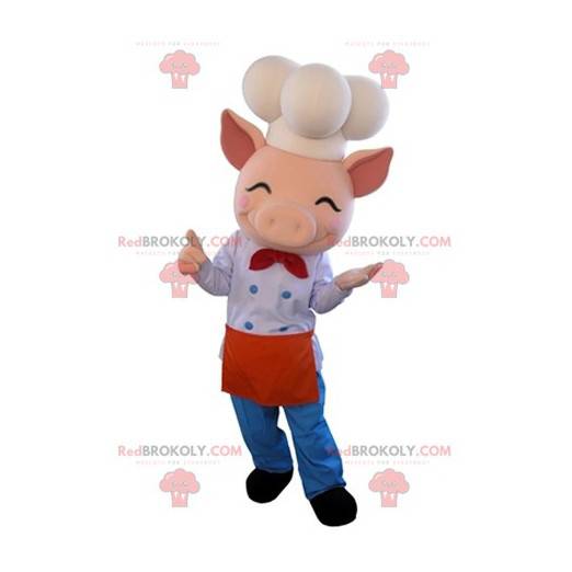 Mascotte de cochon rose en tenue de chef cuisinier -