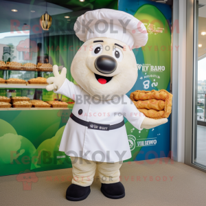 White Beef Wellington mascot costume character dressed with a Cargo Shorts and Berets