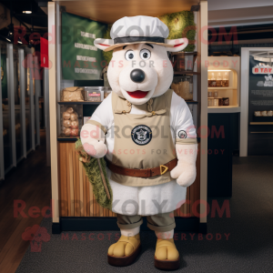 White Beef Wellington mascot costume character dressed with a Cargo Shorts and Berets